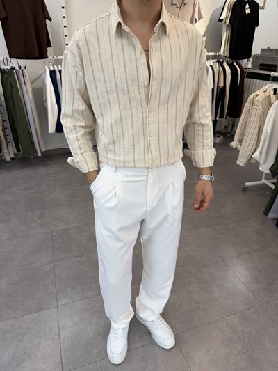 Oversize Yıkamalı Çizgili Gömlek Bej