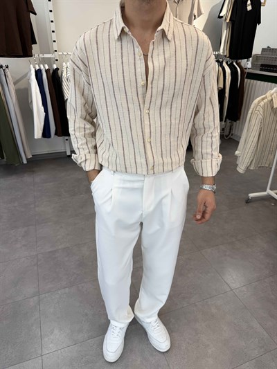 Oversize Yıkamalı Çizgili Gömlek Bordo