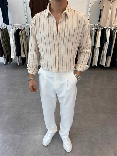 Oversize Yıkamalı Çizgili Gömlek Bordo