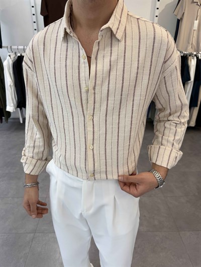 Oversize Yıkamalı Çizgili Gömlek Bordo