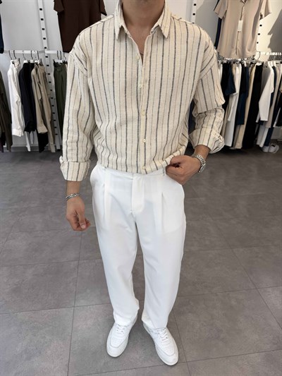 Oversize Yıkamalı Çizgili Gömlek Siyah