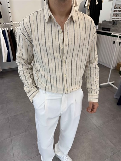 Oversize Yıkamalı Çizgili Gömlek Siyah