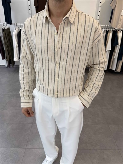 Oversize Yıkamalı Çizgili Gömlek Siyah