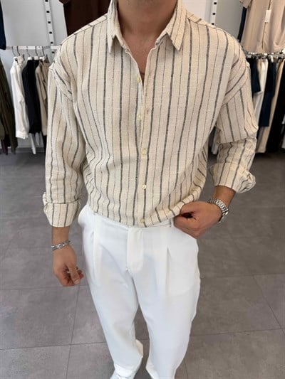 Oversize Yıkamalı Çizgili Gömlek Siyah