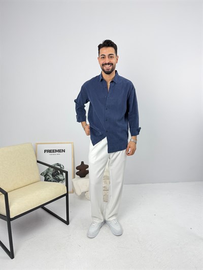 Oversize Yıkamalı Tensel Gömlek Lacivert