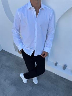 Oxford Pamuklu İtalyan Yaka Standart Kalıp Gömlek Beyaz