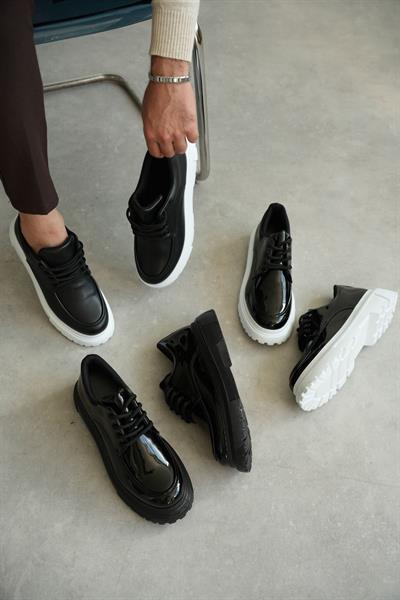 Pamuk Astarlı Yüksek Taban Deri Ayakkabı Siyah-Beyaz