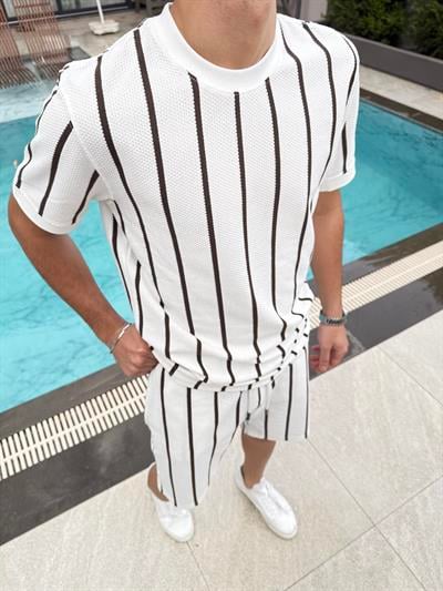 Pamuklu Petek Örme Şort Takımı Beyaz Kahverengi