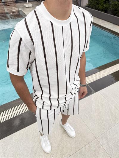 Pamuklu Petek Örme Şort Takımı Beyaz Kahverengi