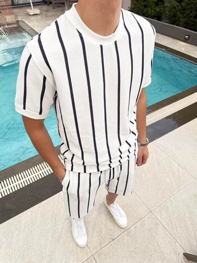 Pamuklu Petek Örme Şort Takımı Beyaz Siyah