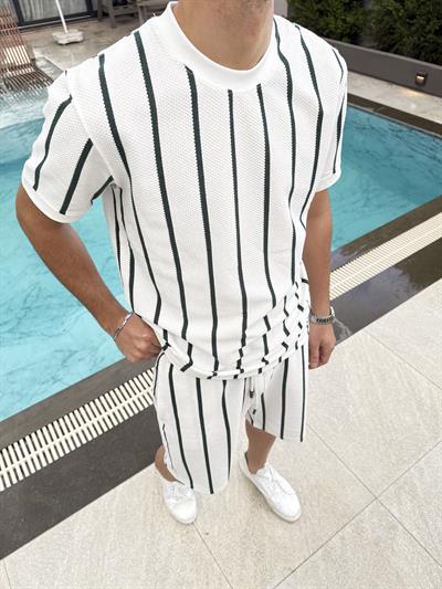 Pamuklu Petek Örme Şort Takımı Beyaz Yeşil