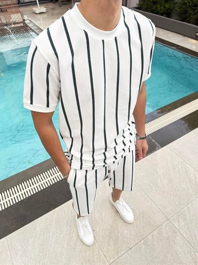 Pamuklu Petek Örme Şort Takımı Beyaz Yeşil