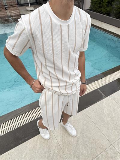 Pamuklu Petek Örme Şort Takımı Krem