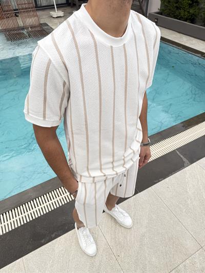 Pamuklu Petek Örme Şort Takımı Krem