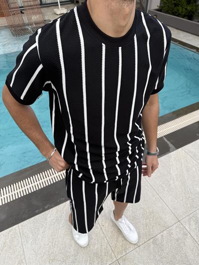 Pamuklu Petek Örme Şort Takımı Siyah