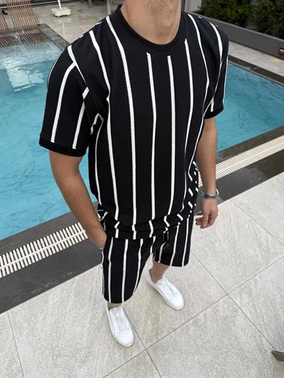 Pamuklu Petek Örme Şort Takımı Siyah