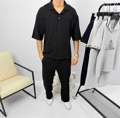 Petek Örme Oversize Takım Siyah