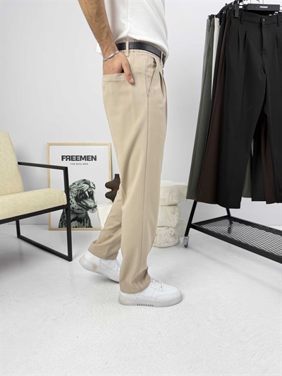 Pileli Premium Baggy Kumaş Pantolon Bej