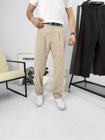 Pileli Premium Baggy Kumaş Pantolon Bej