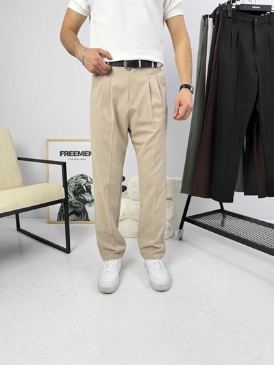 Pileli Premium Baggy Kumaş Pantolon Bej