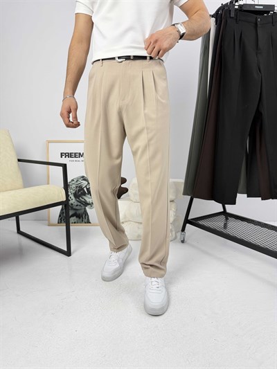 Pileli Premium Baggy Kumaş Pantolon Bej
