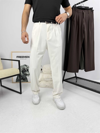 Pileli Premium Baggy Kumaş Pantolon Beyaz