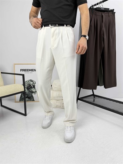Pileli Premium Baggy Kumaş Pantolon Beyaz