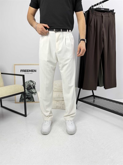 Pileli Premium Baggy Kumaş Pantolon Beyaz
