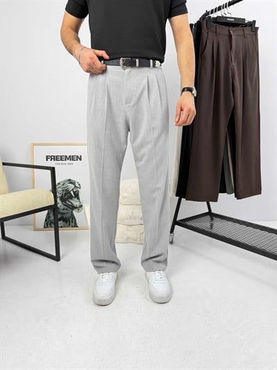 Pileli Premium Baggy Kumaş Pantolon Gri