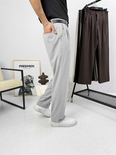 Pileli Premium Baggy Kumaş Pantolon Gri