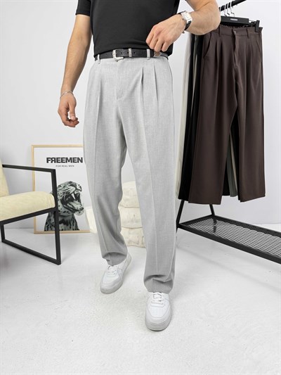 Pileli Premium Baggy Kumaş Pantolon Gri