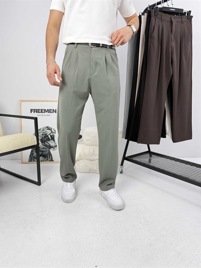 Pileli Premium Baggy Kumaş Pantolon Haki