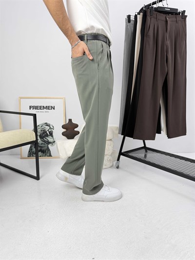 Pileli Premium Baggy Kumaş Pantolon Haki