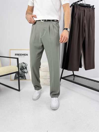 Pileli Premium Baggy Kumaş Pantolon Haki