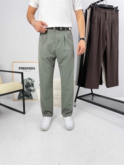 Pileli Premium Baggy Kumaş Pantolon Haki