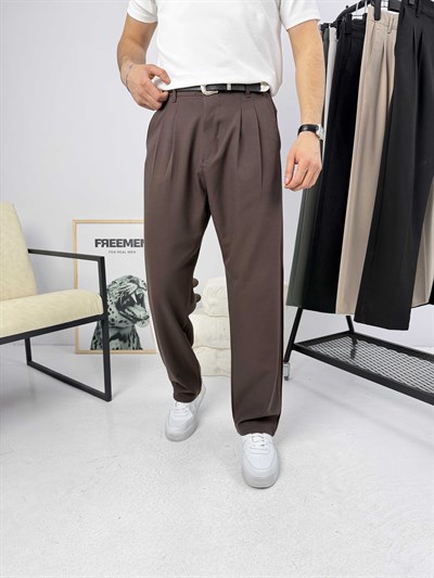 Pileli Premium Baggy Kumaş Pantolon Kahverengi