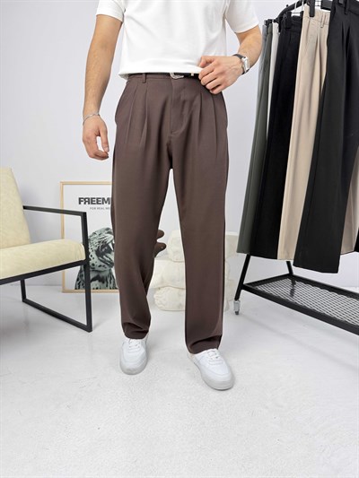 Pileli Premium Baggy Kumaş Pantolon Kahverengi
