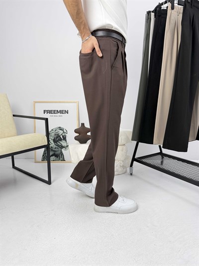 Pileli Premium Baggy Kumaş Pantolon Kahverengi