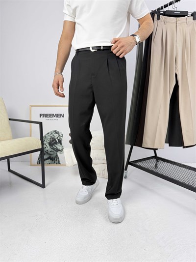 Pileli Premium Baggy Kumaş Pantolon Siyah