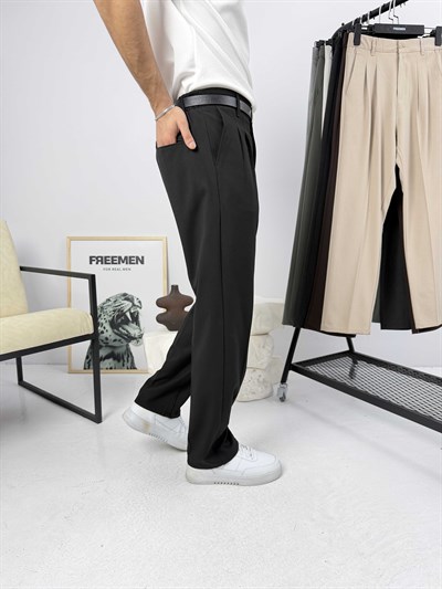 Pileli Premium Baggy Kumaş Pantolon Siyah