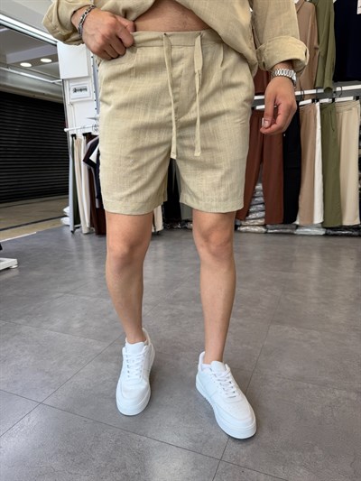Pileli Beli Yarım Lastik Keten Şort Bej