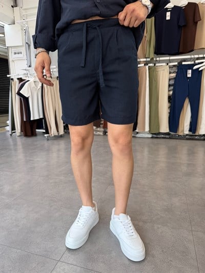 Pileli Beli Yarım Lastik Keten Şort Lacivert