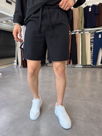 Pileli Beli Yarım Lastik Keten Şort Siyah