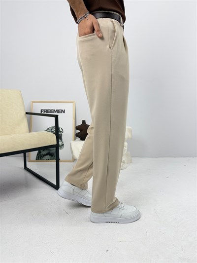 Pileli Krep Baggy Pantolon Bej