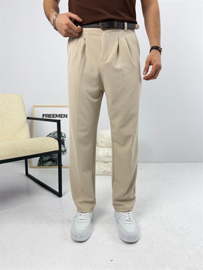 Pileli Krep Baggy Pantolon Bej