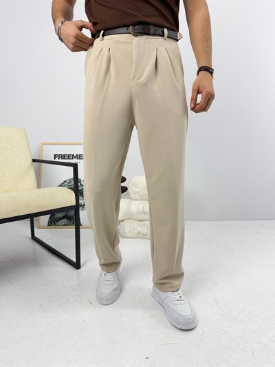 Pileli Krep Baggy Pantolon Bej