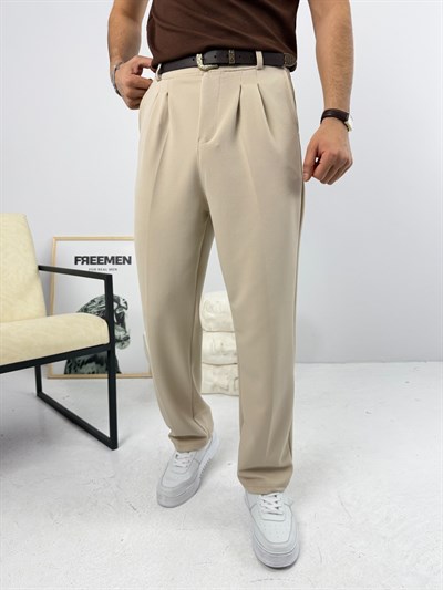 Pileli Krep Baggy Pantolon Bej