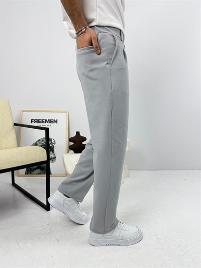 Pileli Krep Baggy Pantolon Gri