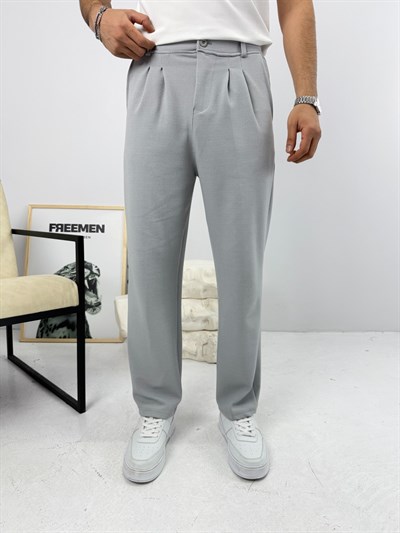 Pileli Krep Baggy Pantolon Gri