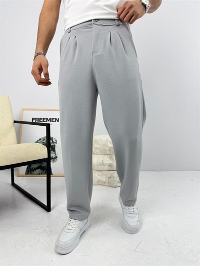 Pileli Krep Baggy Pantolon Gri